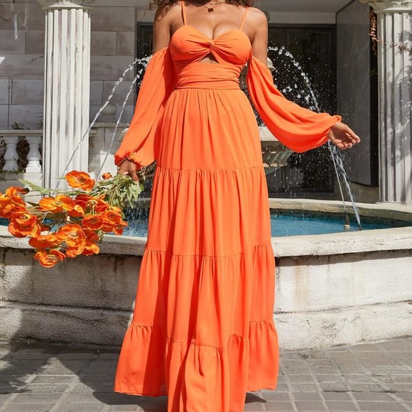 TANGERINE CUT OUT COLD SHOULDER LAYER MAXI DRESS - Picture 2 of 7